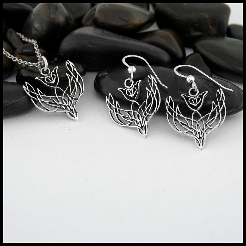 Celtic Dove Pendant and Earring Set in Silver