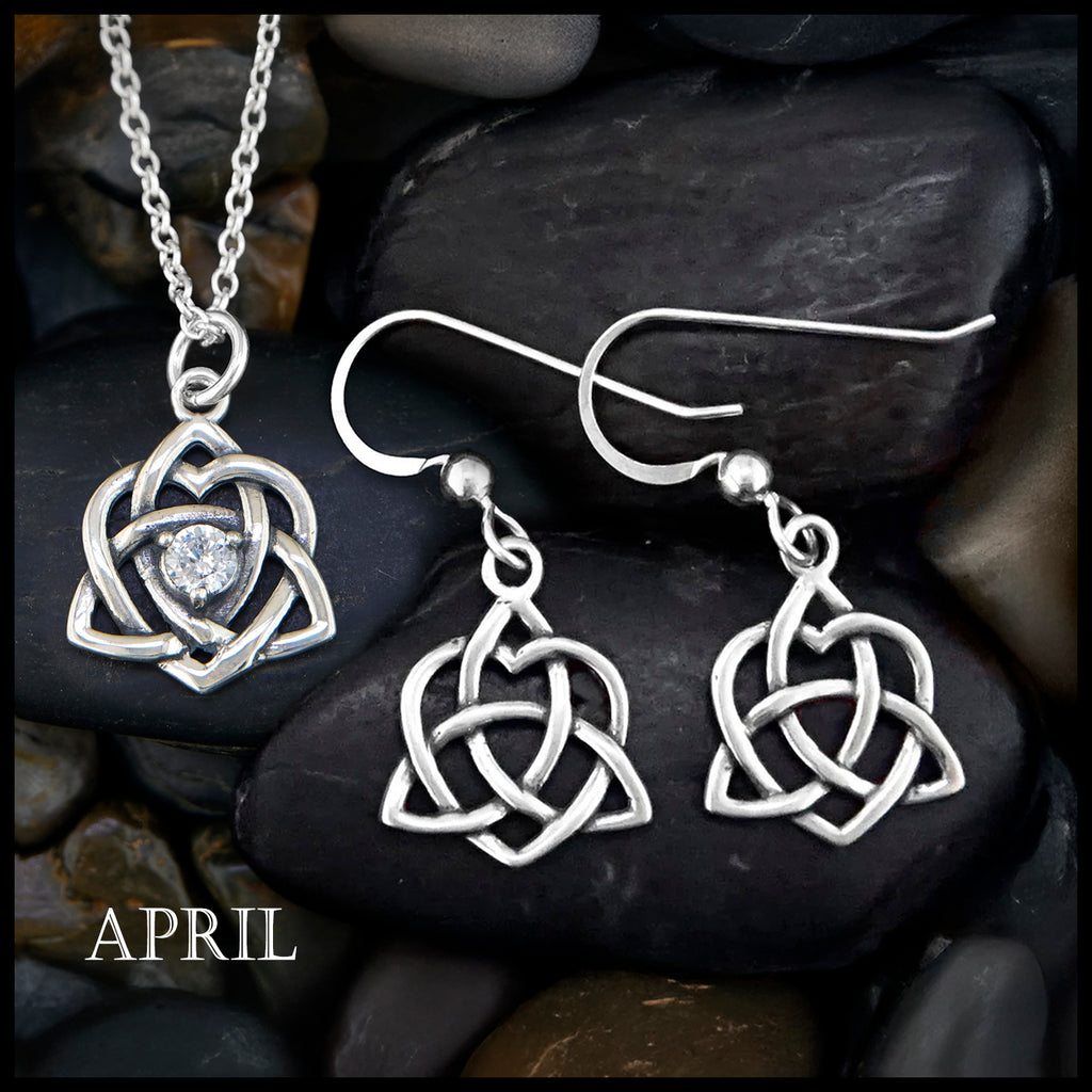 Trinity Knot Heart Birthstone Pendant and Earrings Set - April