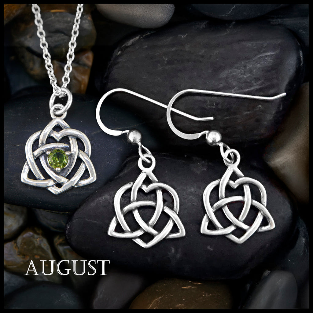 Trinity Knot Heart Birthstone Pendant and Earrings Set - August