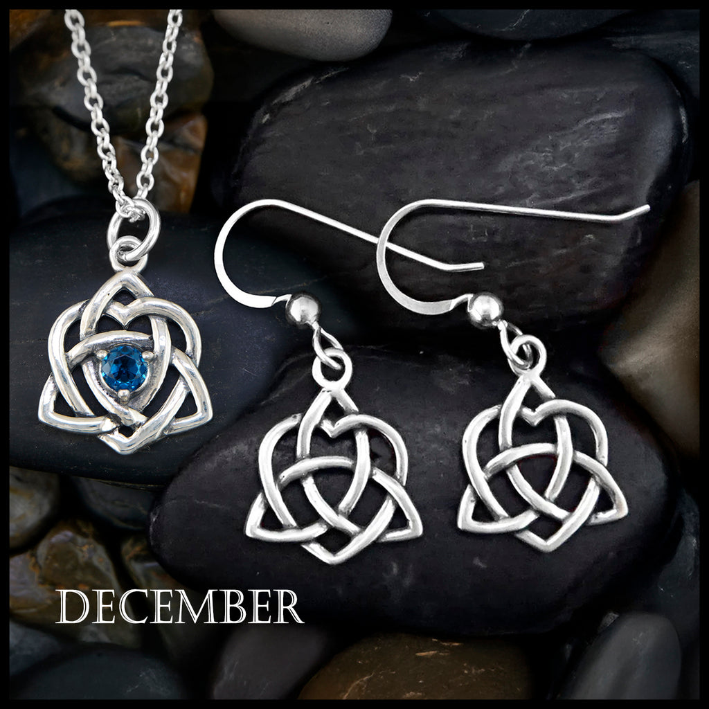 Trinity Knot Heart Birthstone Pendant and Earrings Set - December