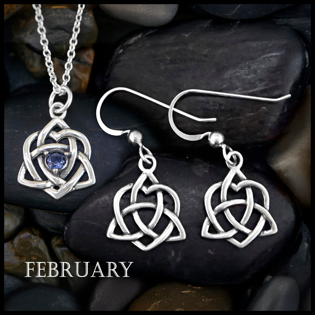 Trinity Knot Heart Birthstone Pendant and Earrings Set - February