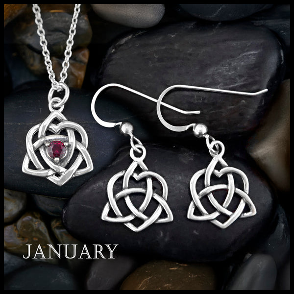 Trinity Knot Heart Birthstone Pendant and Earrings Set - January