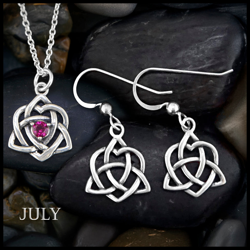 Trinity Knot Heart Birthstone Pendant and Earrings Set - July