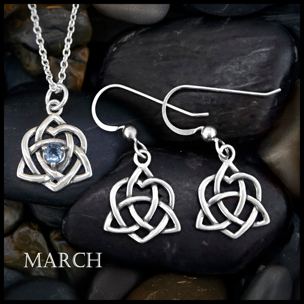 Trinity Knot Heart Birthstone Pendant and Earrings Set - March