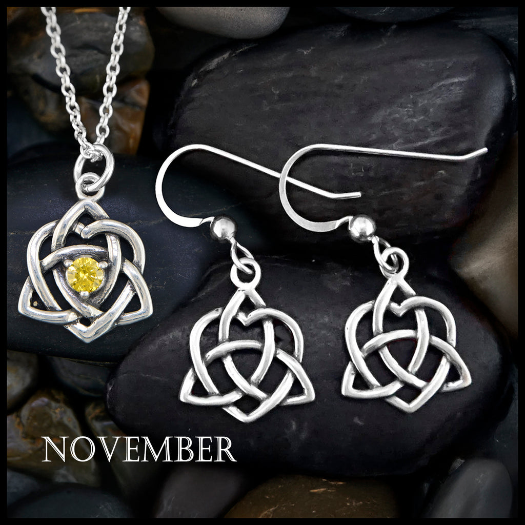 Trinity Knot Heart Birthstone Pendant and Earrings Set - November