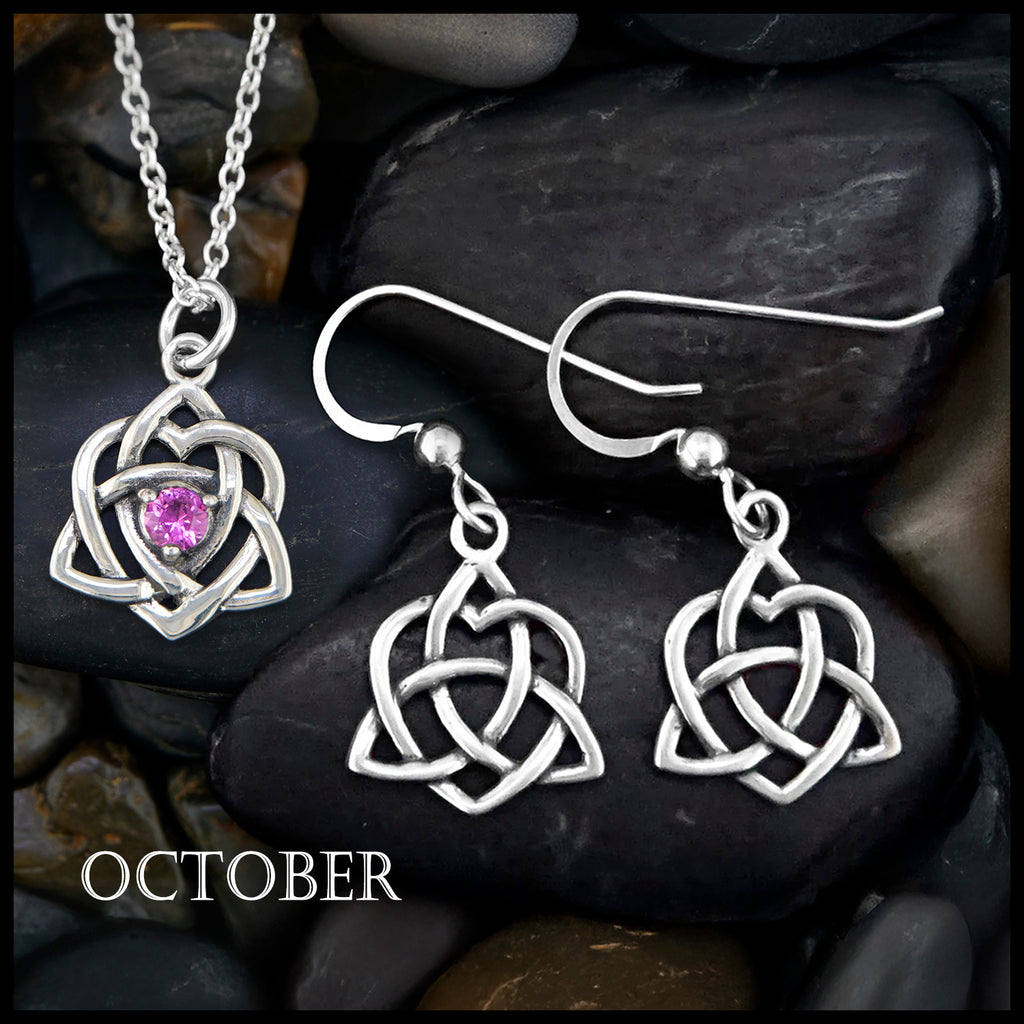 Trinity Knot Heart Birthstone Pendant and Earrings Set - October