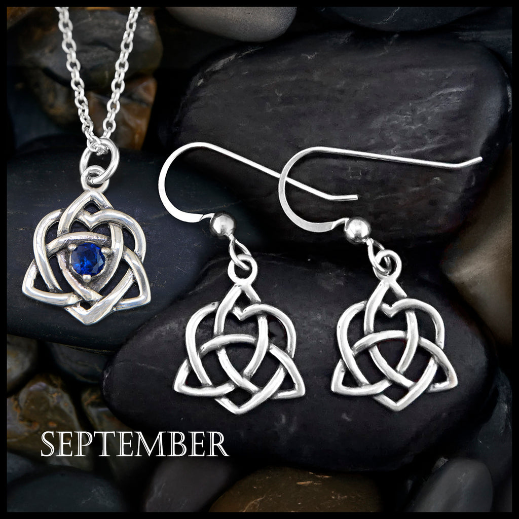 Trinity Knot Heart Birthstone Pendant and Earrings Set - September