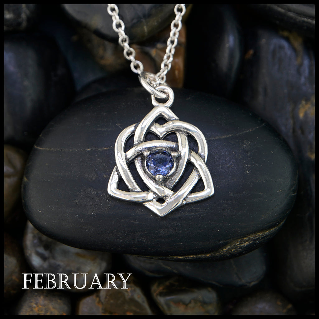 Trinity Knot Heart Birthstone Pendant -  February