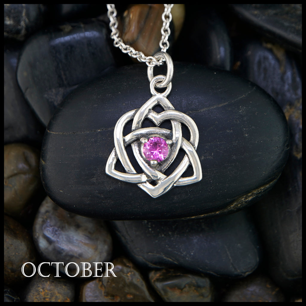 Trinity Knot Heart Birthstone Pendant -  October