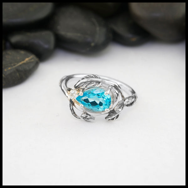 Blue Topaz and Diamond Leaf and Vine Ring