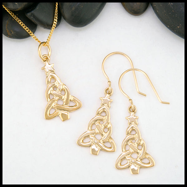 Celtic Christmas Tree Pendant and Earring Set in Gold