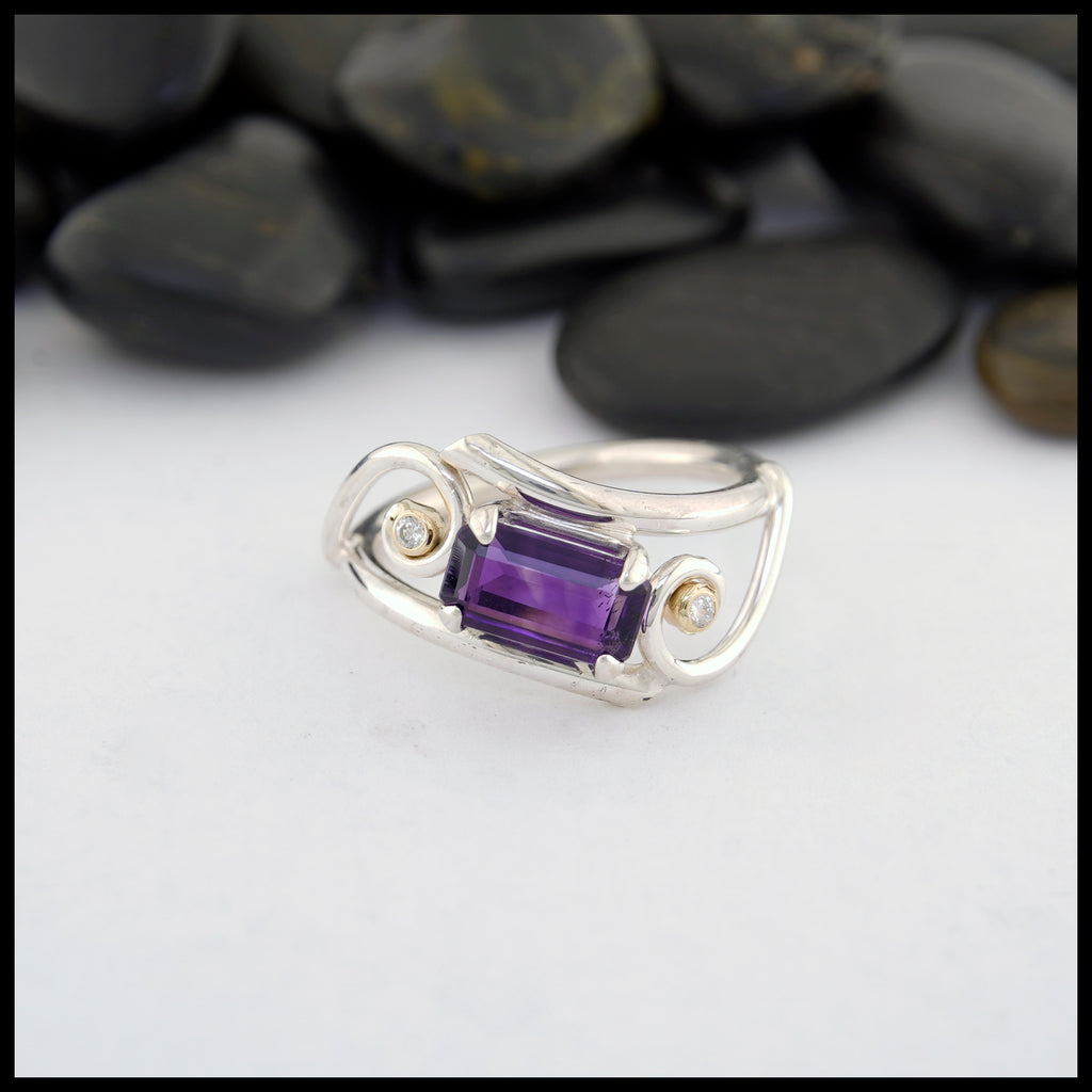Emerald Cut Amethyst and Diamond Ring