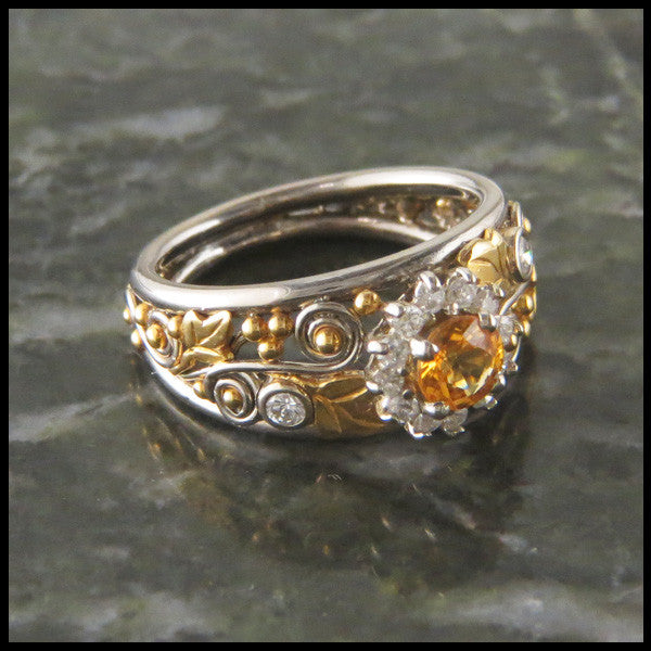 Daisy Yellow Sapphire and Diamond Halo Ivy Custom Ring