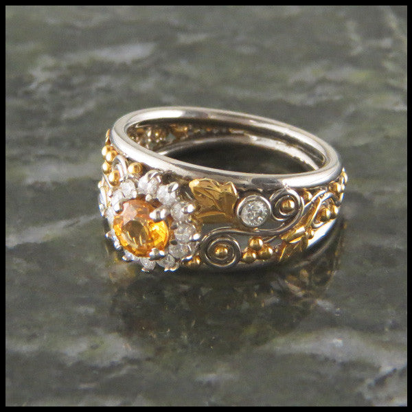 Daisy Yellow Sapphire and Diamond Halo Ivy Custom Ring